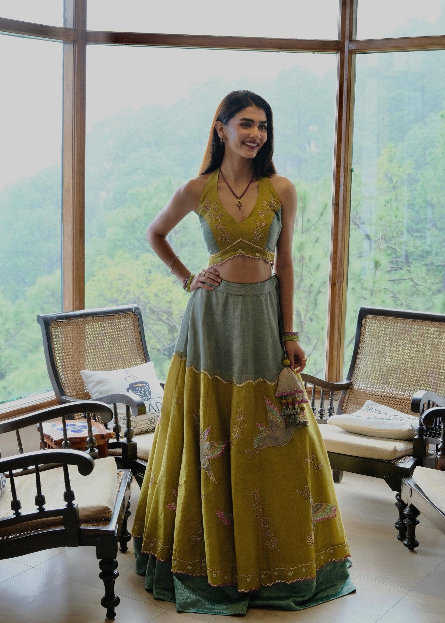 Eggshell blue and mehndi tissue chanderi layered lehenga, halter blouse and striped tissue chanderi dupatta - Sohni