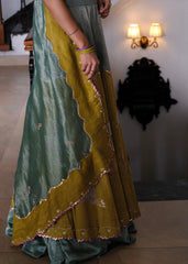 Eggshell blue and mehndi tissue chanderi layered lehenga, halter blouse and striped tissue chanderi dupatta - Sohni