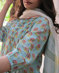 Eggshell blue booti jaal muslin honeycomb smocked kurta, dobby salwar and lehriya dupatta - Sohni