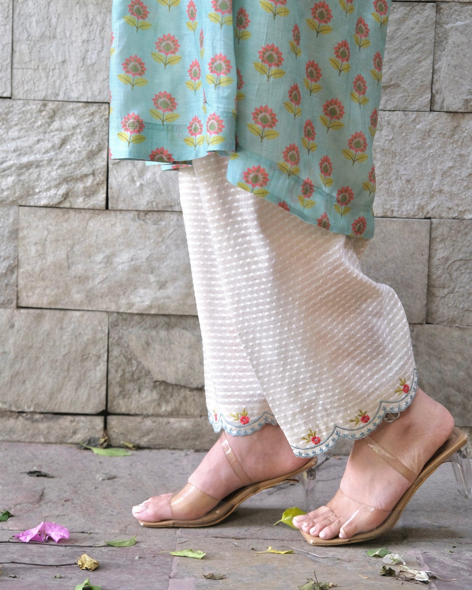 Eggshell blue booti jaal muslin honeycomb smocked kurta, dobby salwar and lehriya dupatta - Sohni