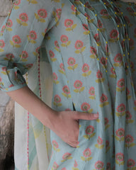 Eggshell blue booti jaal muslin honeycomb smocked kurta, dobby salwar and lehriya dupatta - Sohni
