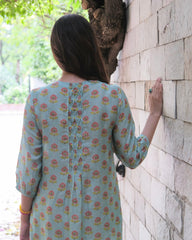 Eggshell blue booti jaal muslin honeycomb smocked kurta, dobby salwar and lehriya dupatta - Sohni