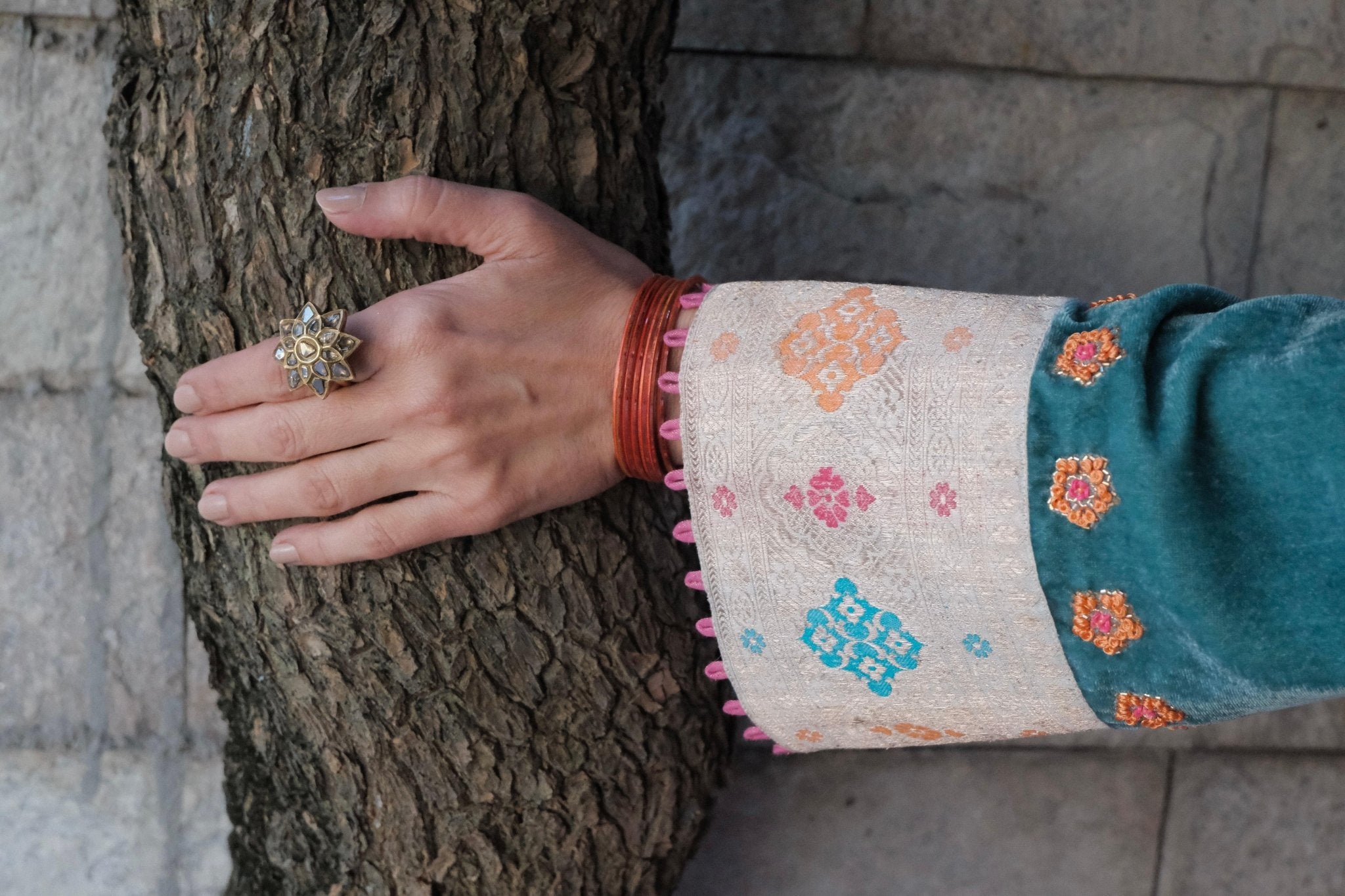 Eggshell blue short kurta with neon peach banarsi booti salwar and pink tissue dupatta - Sohni