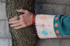 Eggshell blue short kurta with neon peach banarsi booti salwar and pink tissue dupatta - Sohni