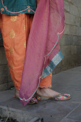 Eggshell blue short kurta with neon peach banarsi booti salwar and pink tissue dupatta - Sohni