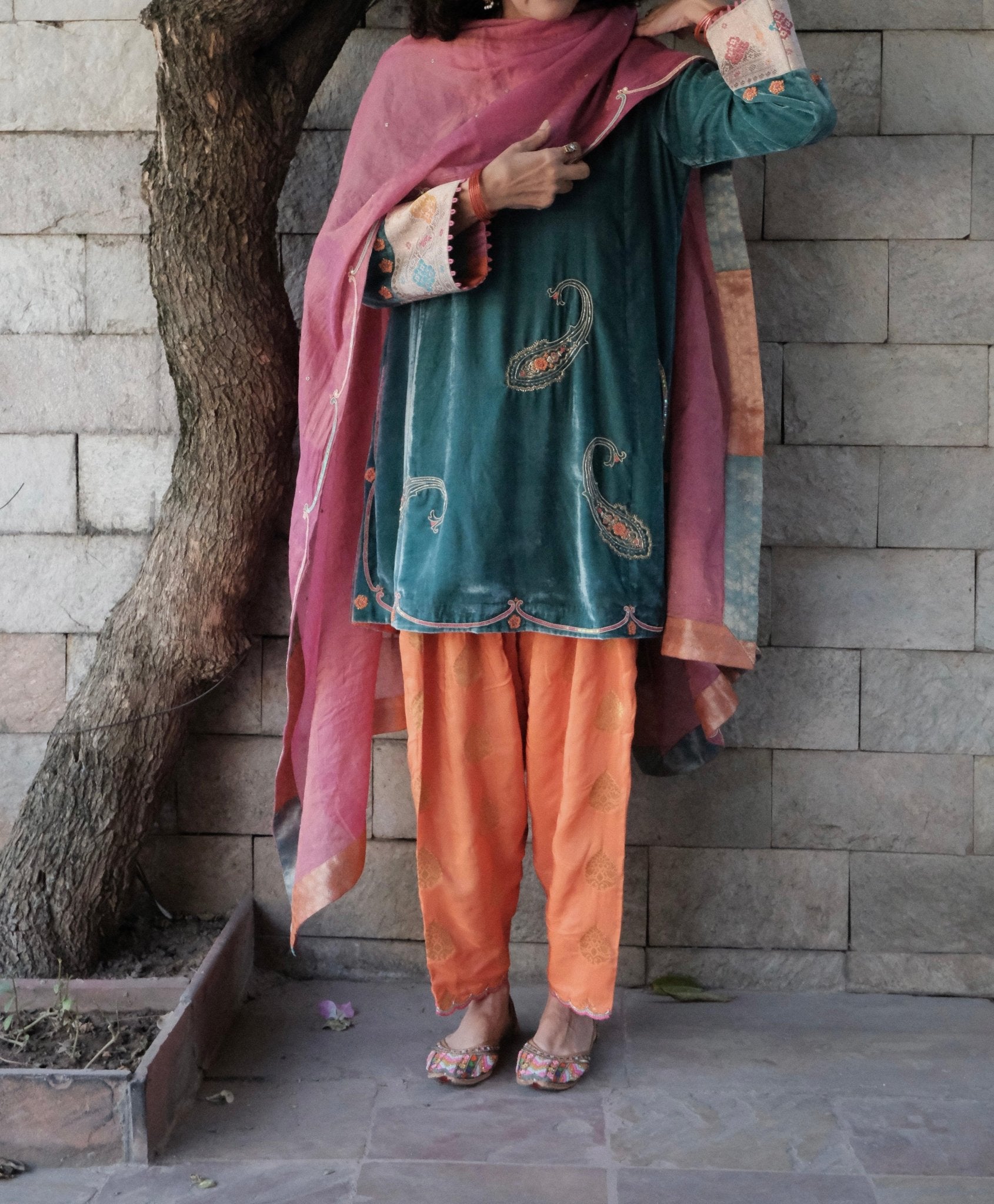 Eggshell blue short kurta with neon peach banarsi booti salwar and pink tissue dupatta - Sohni