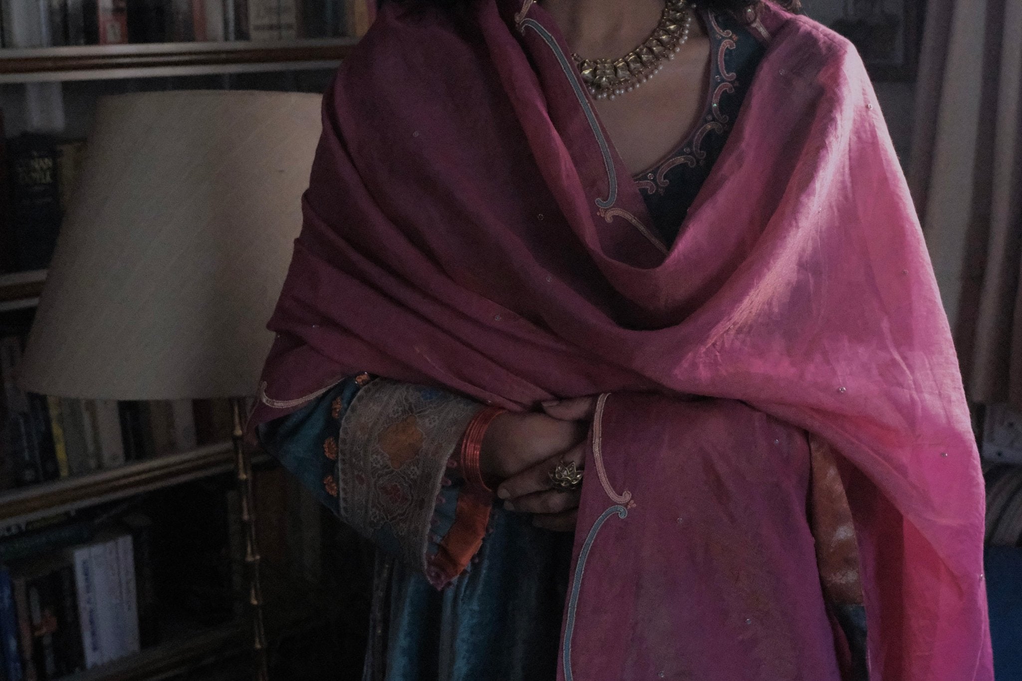 Eggshell blue short kurta with neon peach banarsi booti salwar and pink tissue dupatta - Sohni