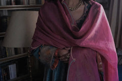 Eggshell blue short kurta with neon peach banarsi booti salwar and pink tissue dupatta - Sohni