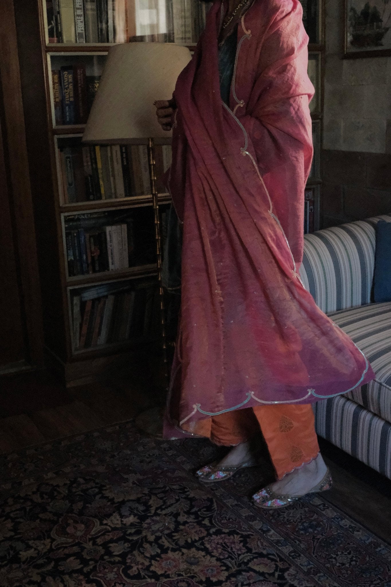 Eggshell blue short kurta with neon peach banarsi booti salwar and pink tissue dupatta - Sohni