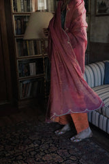 Eggshell blue short kurta with neon peach banarsi booti salwar and pink tissue dupatta - Sohni