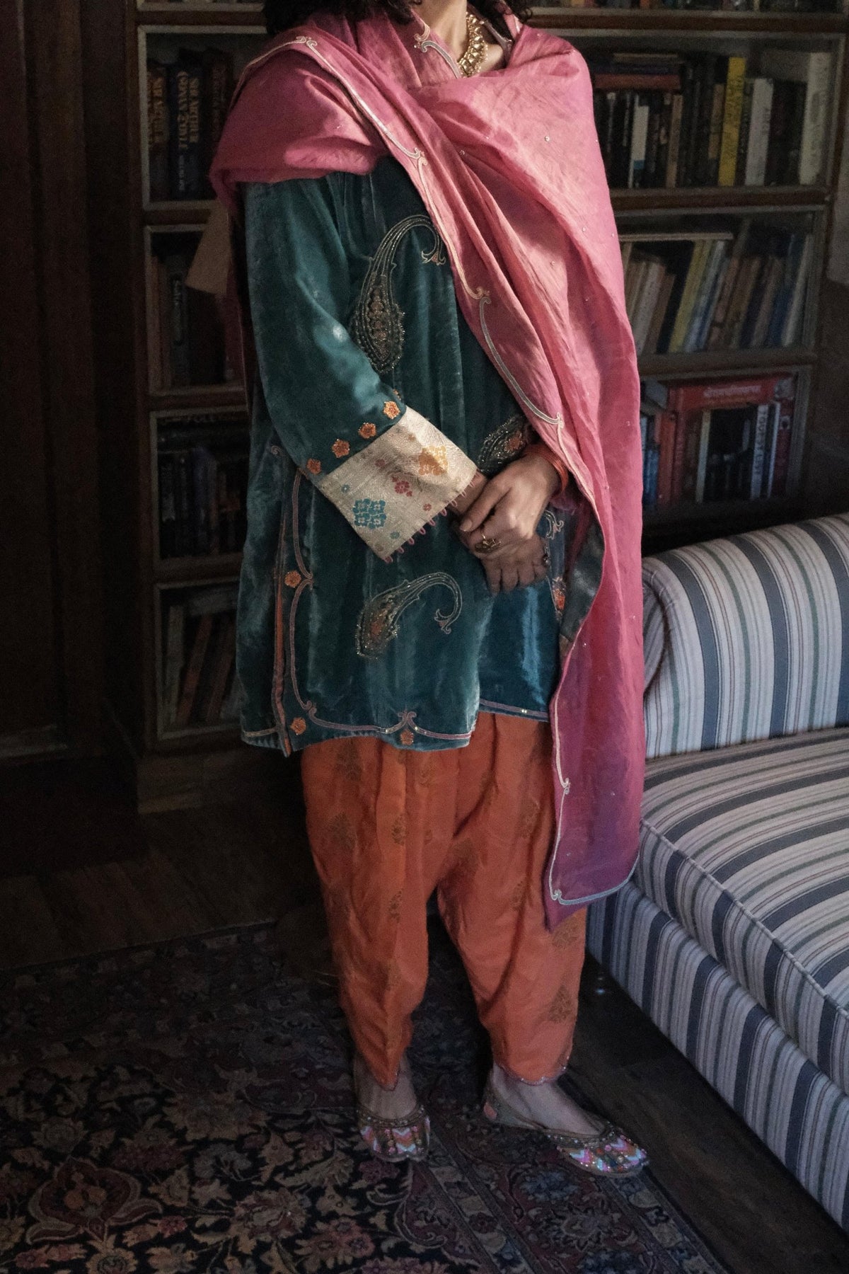 Eggshell blue short kurta with neon peach banarsi booti salwar and pink tissue dupatta - Sohni