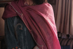 Eggshell blue short kurta with neon peach banarsi booti salwar and pink tissue dupatta - Sohni