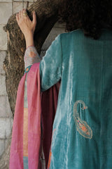 Eggshell blue short kurta with neon peach banarsi booti salwar and pink tissue dupatta - Sohni