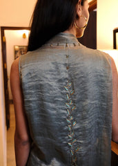 Eggshell striped tissue chanderi asymmetrical wrap top and tapered pants with monkey motif embroidery - Sohni