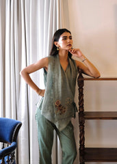 Eggshell striped tissue chanderi asymmetrical wrap top and tapered pants with monkey motif embroidery - Sohni