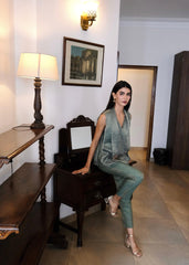 Eggshell striped tissue chanderi asymmetrical wrap top and tapered pants with monkey motif embroidery - Sohni