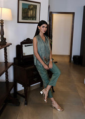 Eggshell striped tissue chanderi asymmetrical wrap top and tapered pants with monkey motif embroidery - Sohni