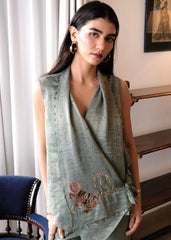 Eggshell striped tissue chanderi asymmetrical wrap top and tapered pants with monkey motif embroidery - Sohni