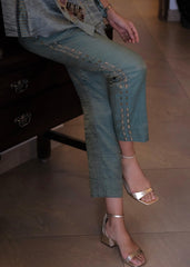 Eggshell striped tissue chanderi asymmetrical wrap top and tapered pants with monkey motif embroidery - Sohni