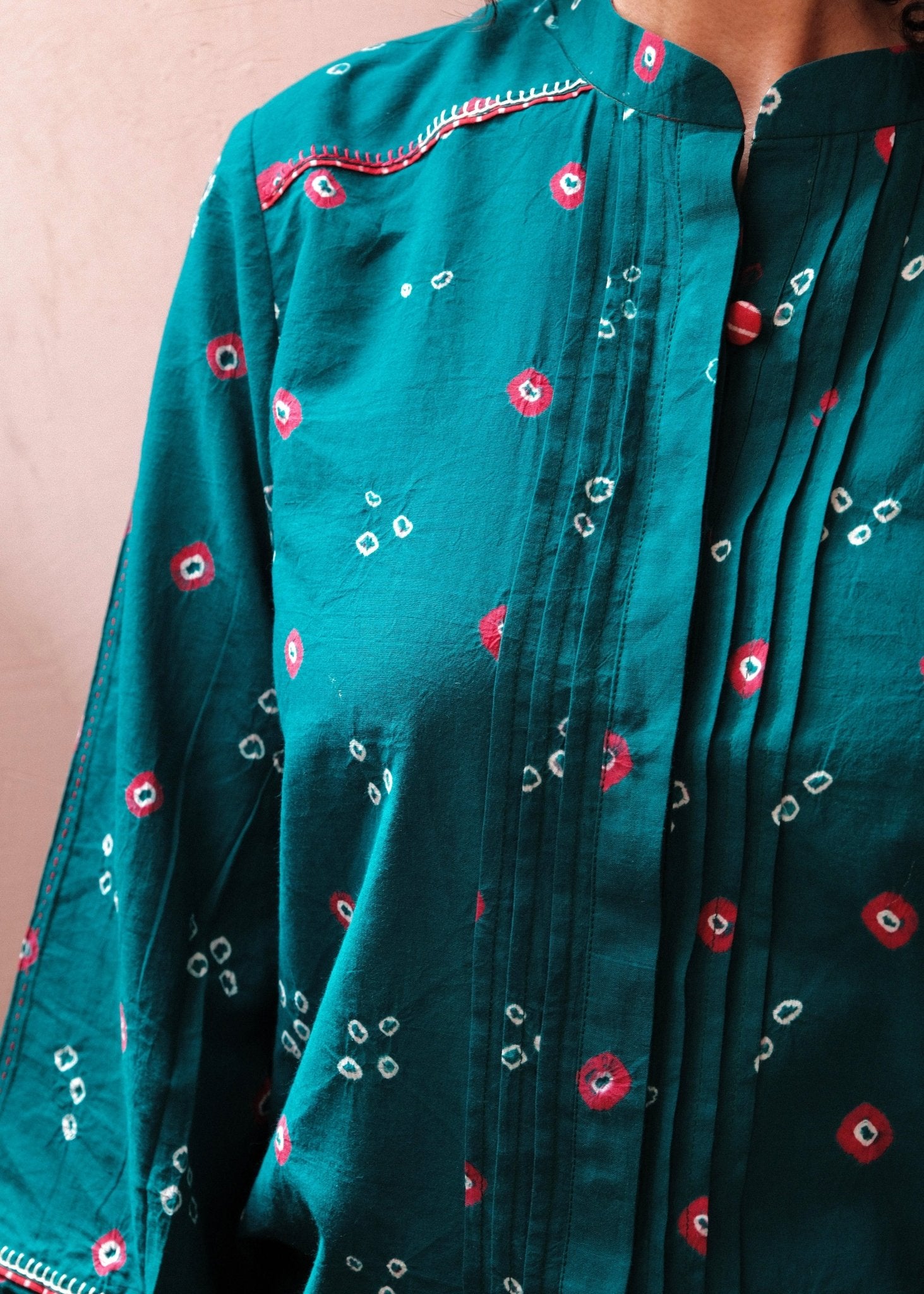 Emerald green bandhej shirt with hand embroidery detailing - Sohni