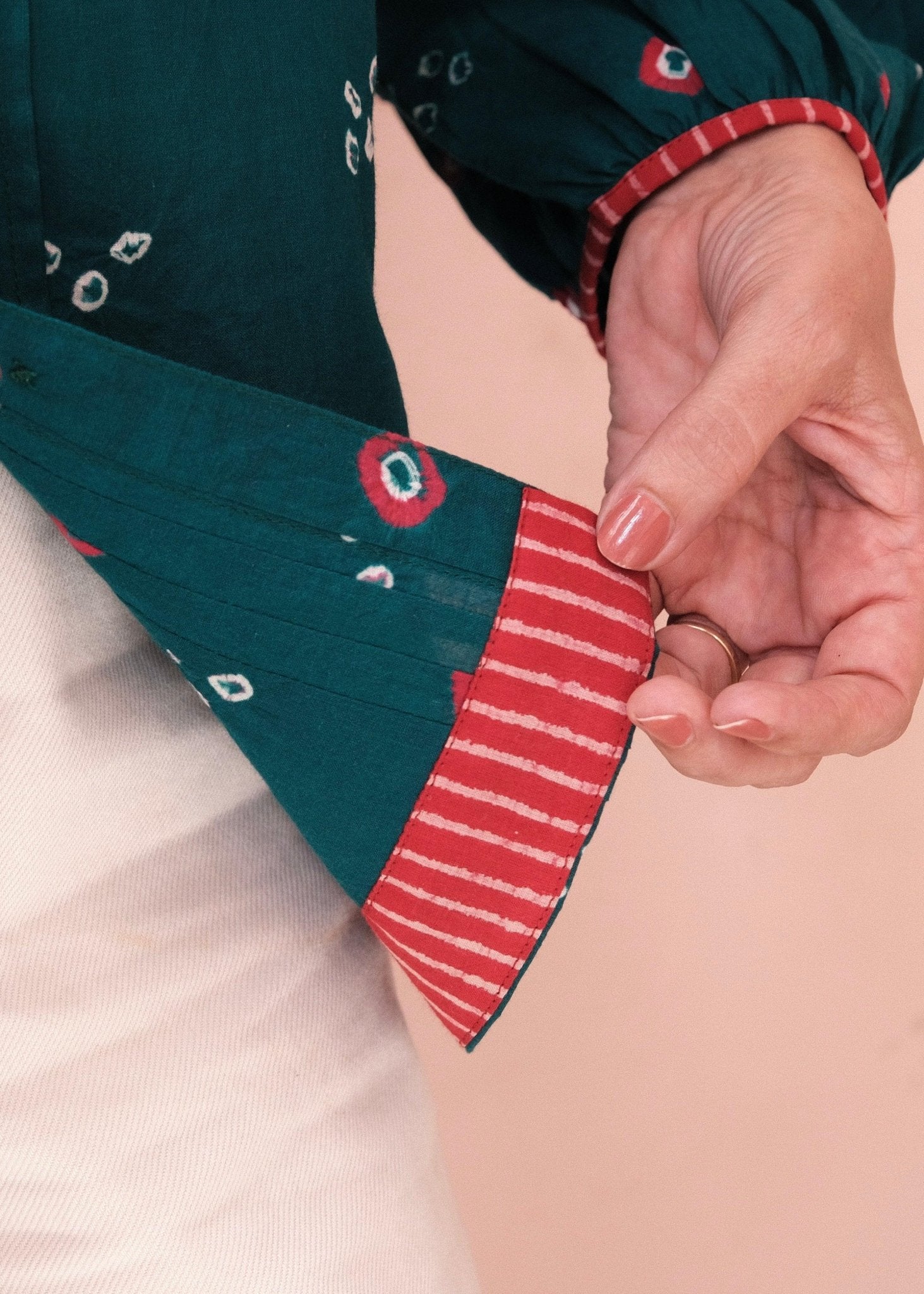 Emerald green bandhej shirt with hand embroidery detailing - Sohni