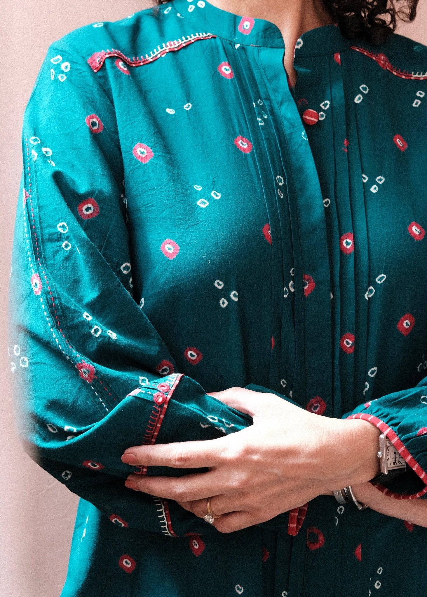 Emerald green bandhej shirt with hand embroidery detailing - Sohni