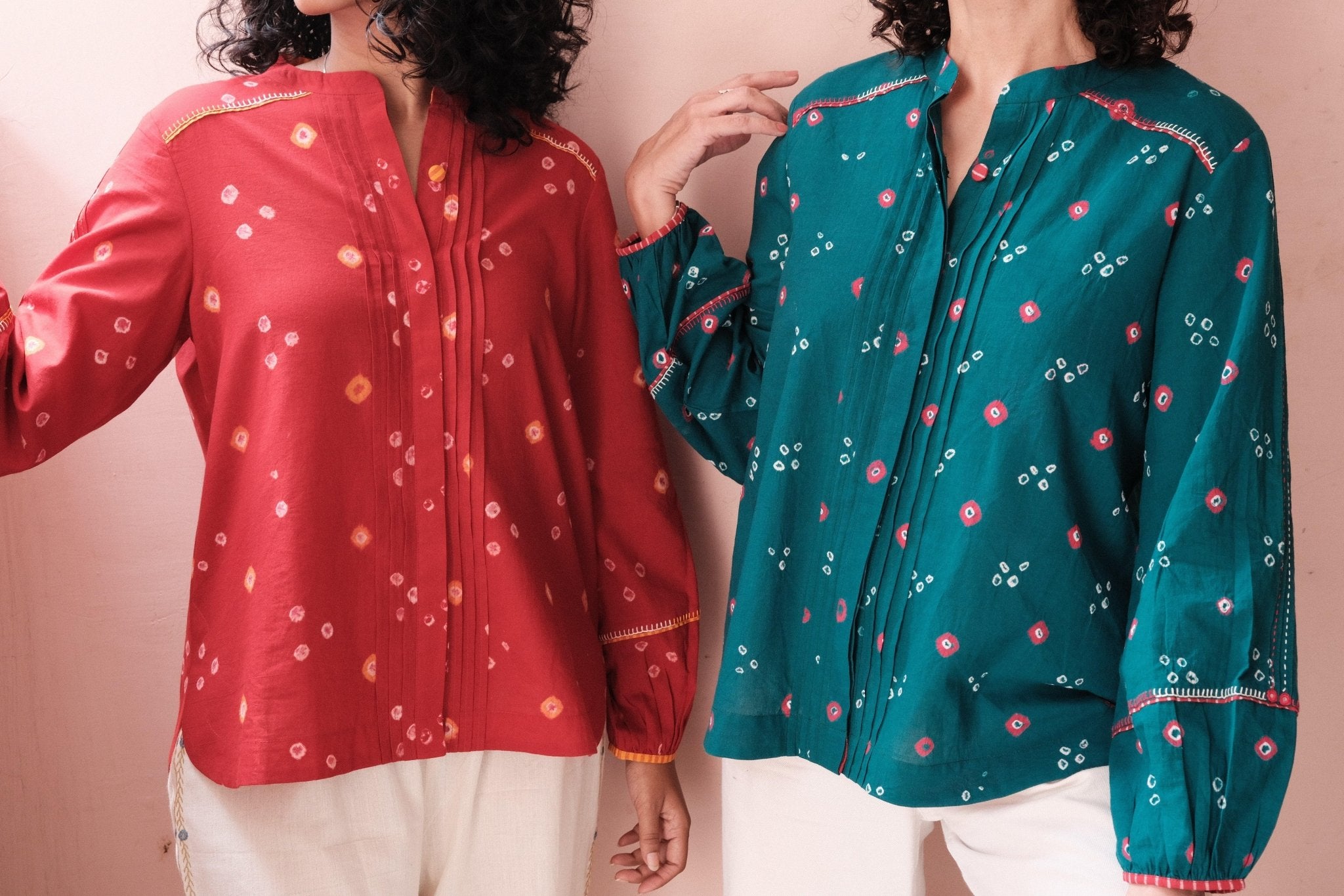 Emerald green bandhej shirt with hand embroidery detailing - Sohni