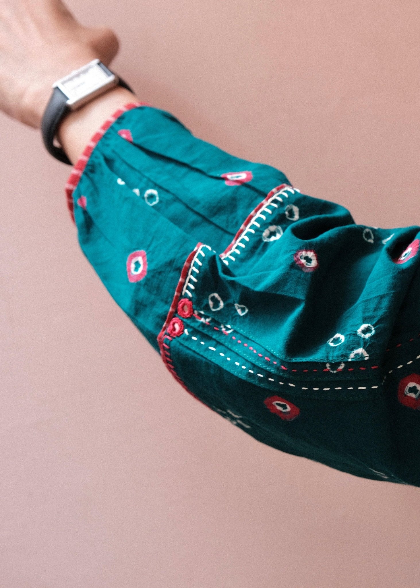 Emerald green bandhej shirt with hand embroidery detailing - Sohni