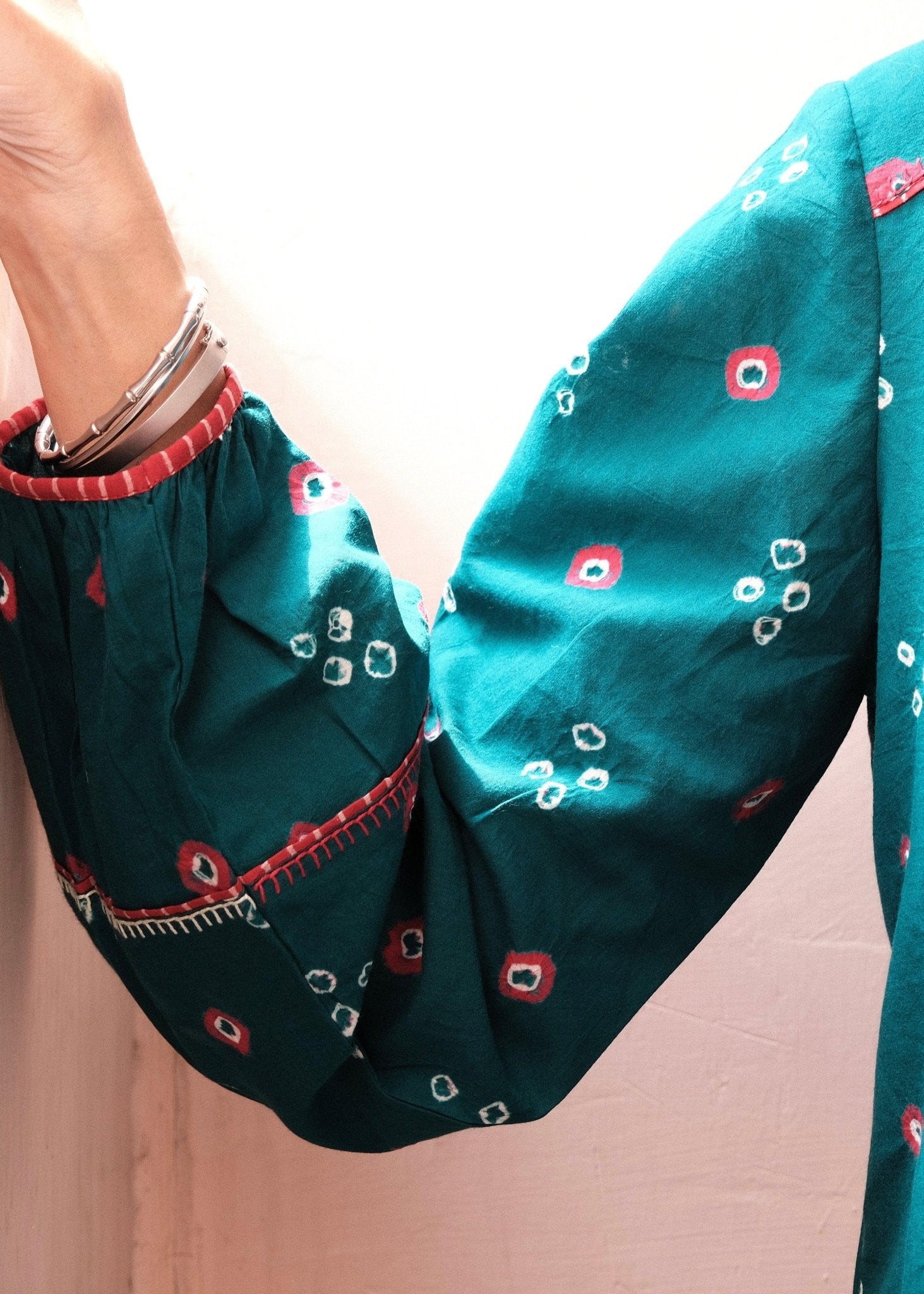 Emerald green bandhej shirt with hand embroidery detailing - Sohni