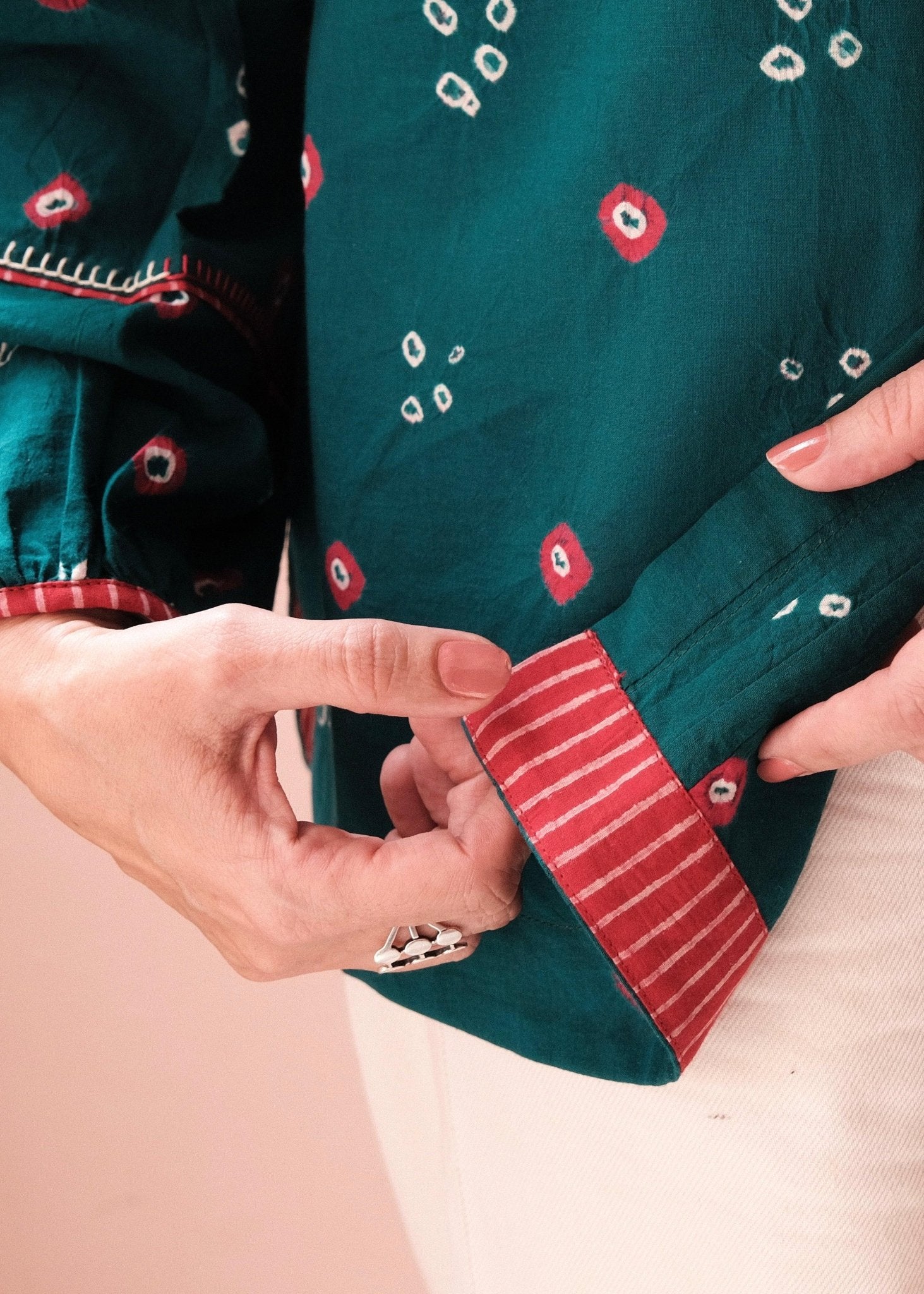 Emerald green bandhej shirt with hand embroidery detailing - Sohni