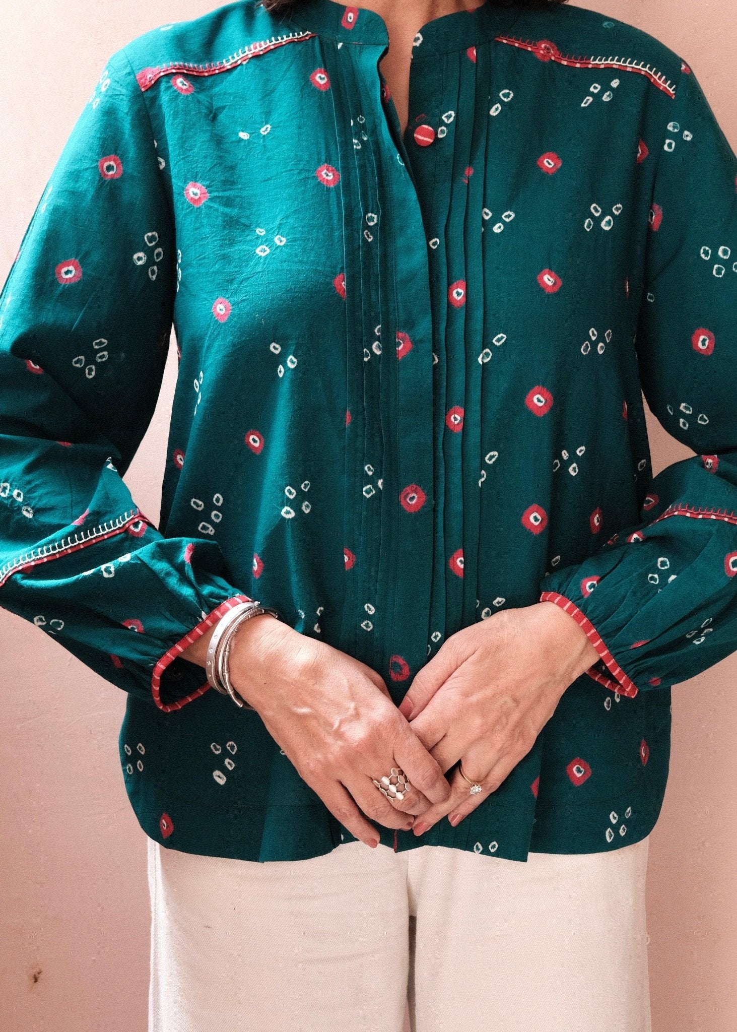 Emerald green bandhej shirt with hand embroidery detailing - Sohni