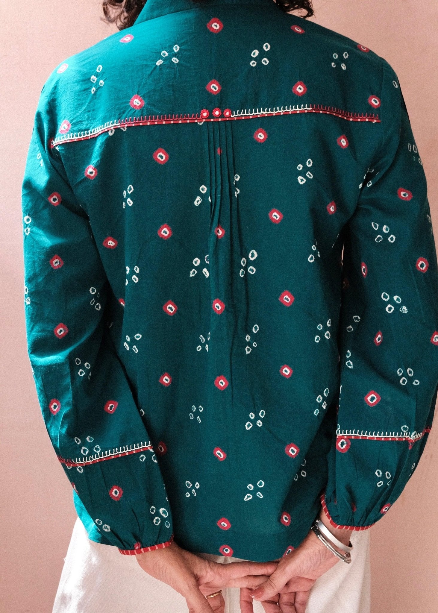 Emerald green bandhej shirt with hand embroidery detailing - Sohni