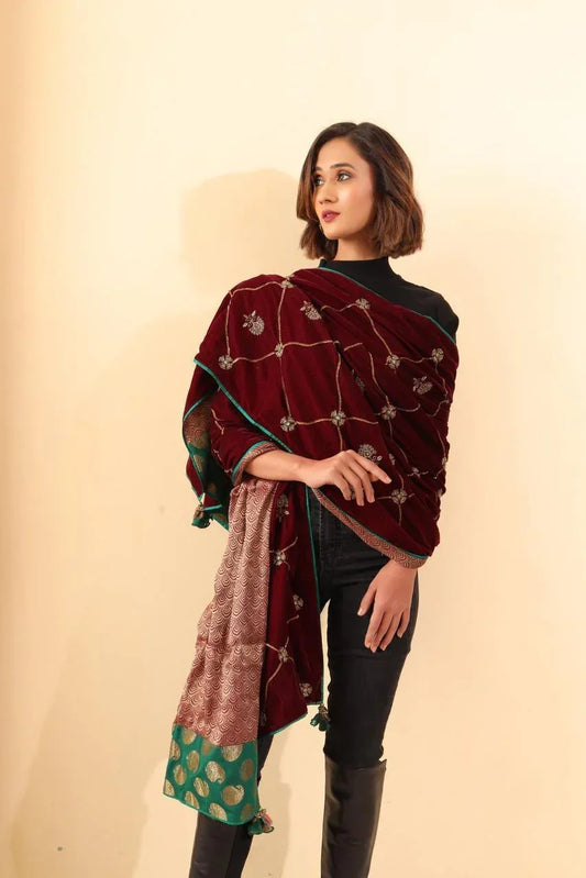 Wine reversible hand embroidered velvet odhni - Sohni