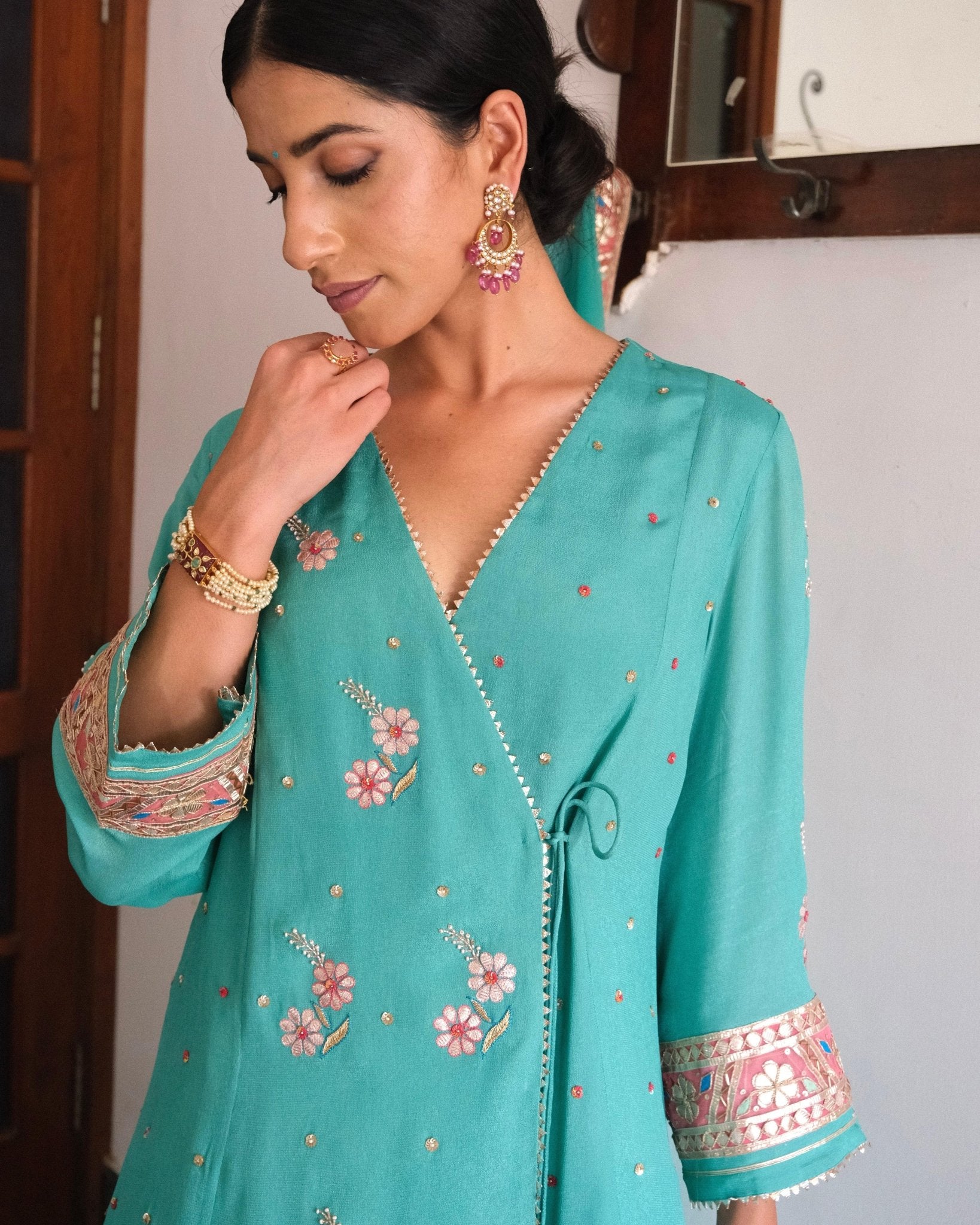 Firoza blue gota patti angrakha with garara and organza dupatta - Sohni