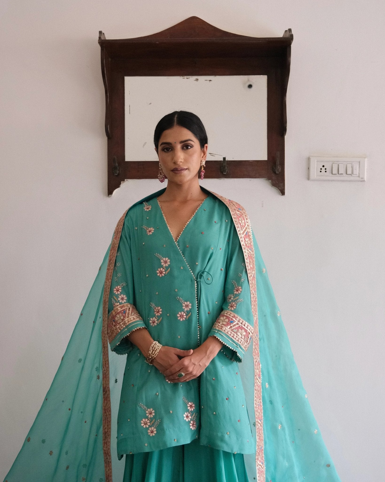 Firoza blue gota patti angrakha with garara and organza dupatta - Sohni