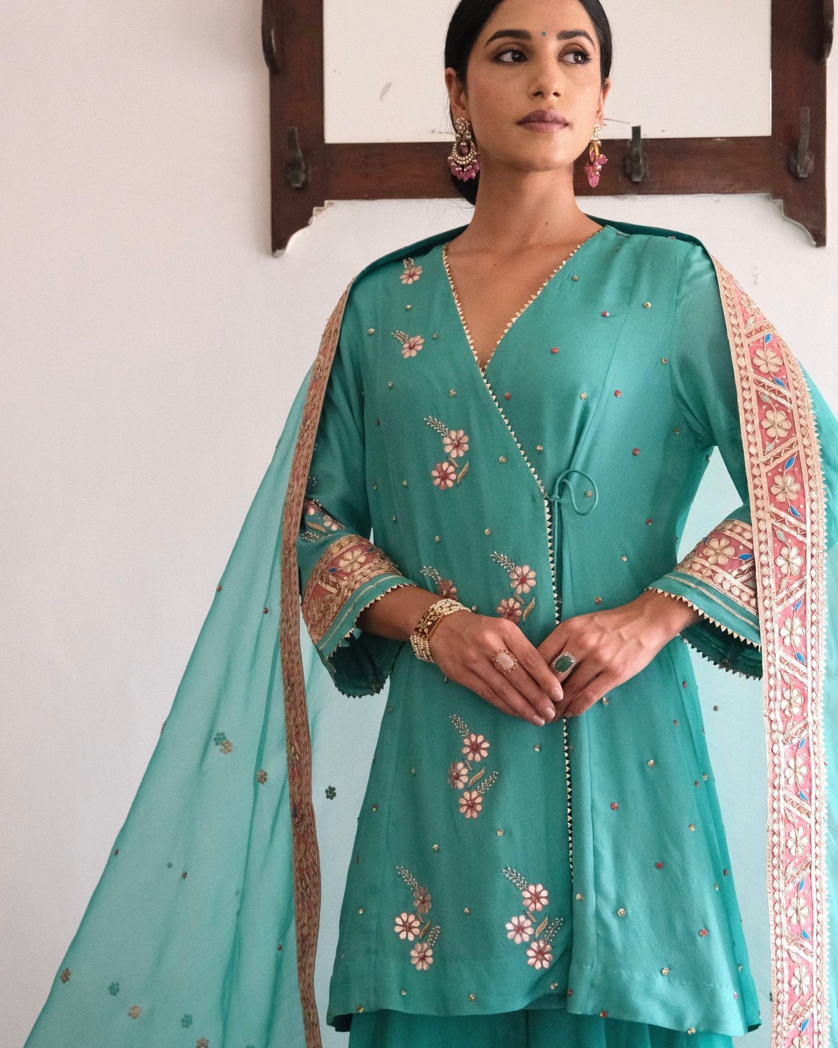 Firoza blue gota patti angrakha with garara and organza dupatta - Sohni