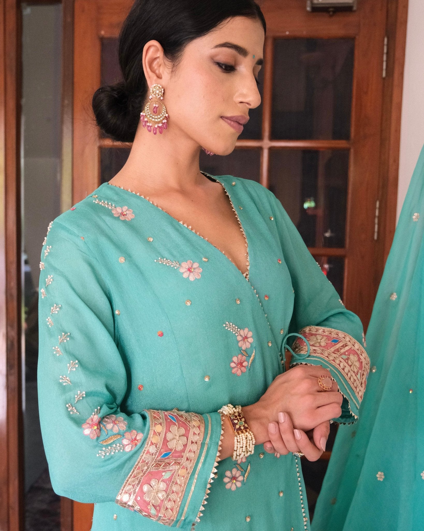 Firoza blue gota patti angrakha with garara and organza dupatta - Sohni