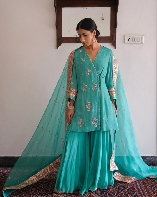 Firoza blue gota patti angrakha with garara and organza dupatta - Sohni