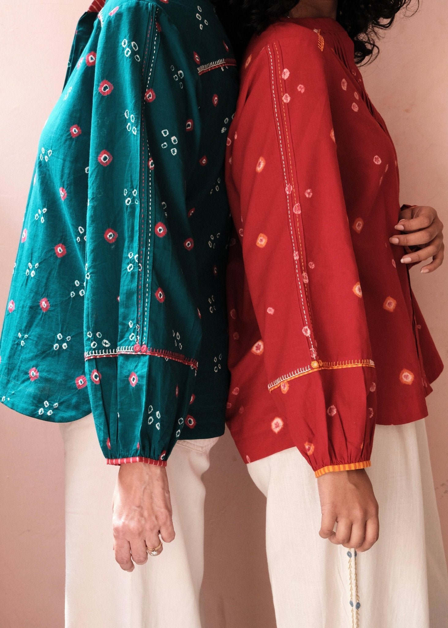 Flame red bandhej shirt with hand embroidery detailing - Sohni