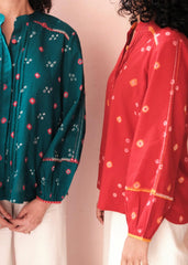 Flame red bandhej shirt with hand embroidery detailing - Sohni