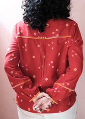 Flame red bandhej shirt with hand embroidery detailing - Sohni