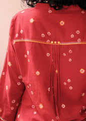 Flame red bandhej shirt with hand embroidery detailing - Sohni