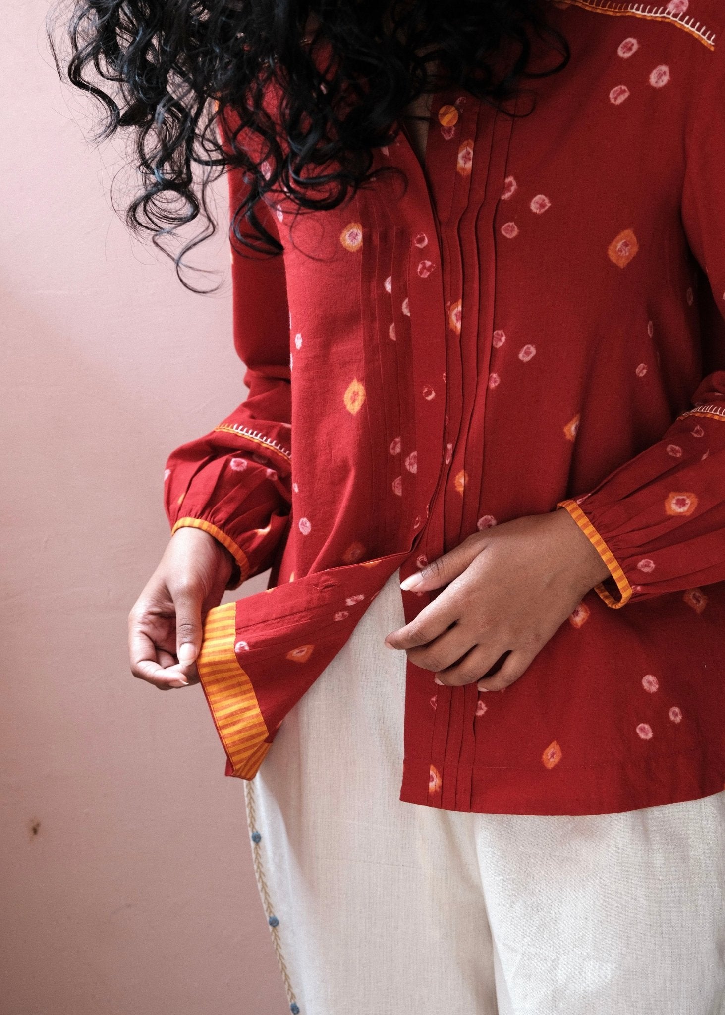 Flame red bandhej shirt with hand embroidery detailing - Sohni
