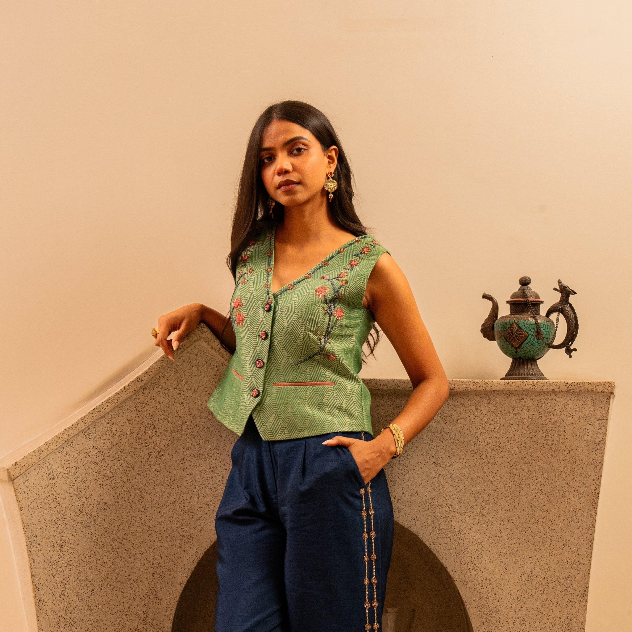 Forest green banarsi waistcoat with embroidered indigo pants - Sohni
