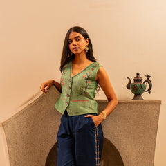 Forest green banarsi waistcoat with embroidered indigo pants - Sohni