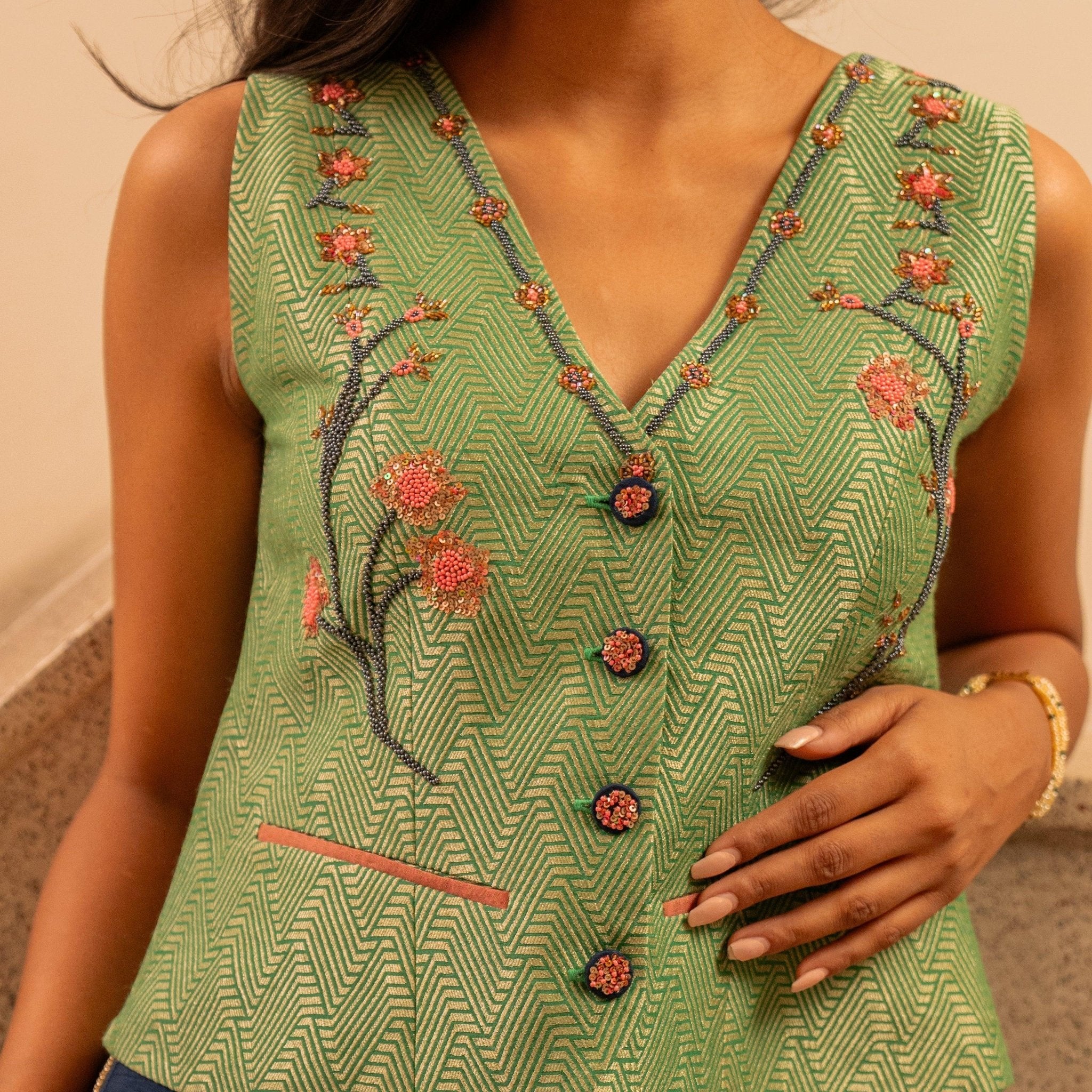 Forest green banarsi waistcoat with embroidered indigo pants - Sohni