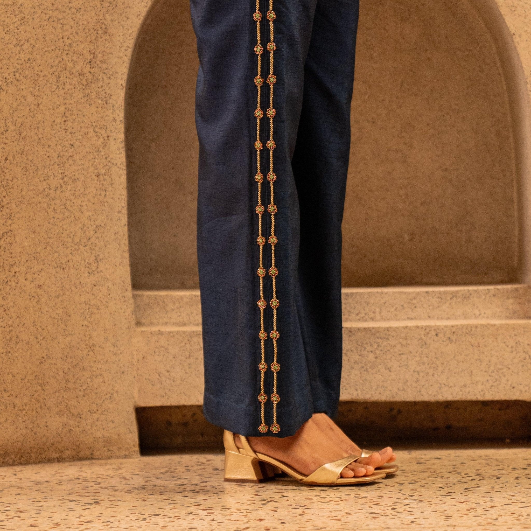 Forest green banarsi waistcoat with embroidered indigo pants - Sohni