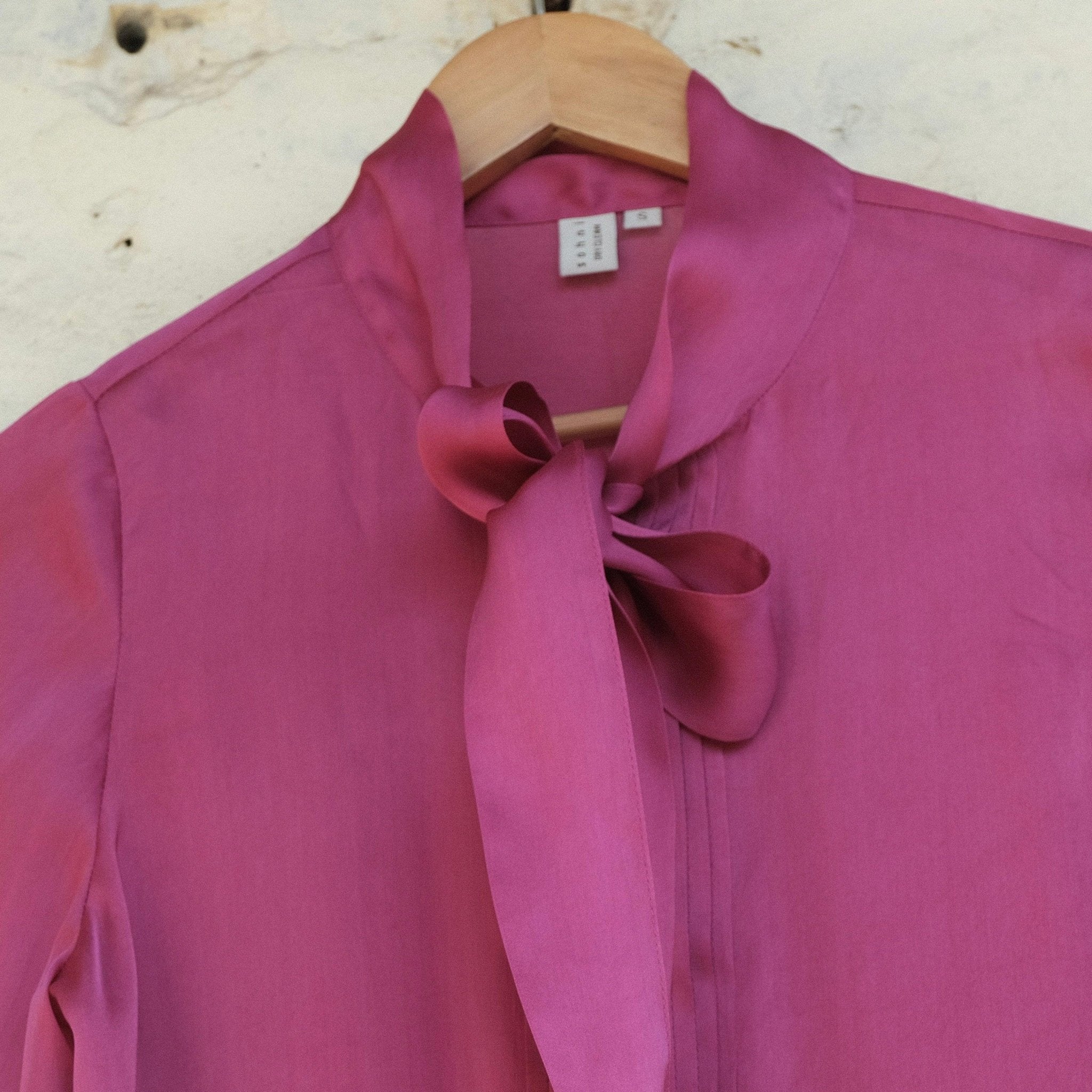 Fuschia pink satin organza tie neck blouse - Sohni