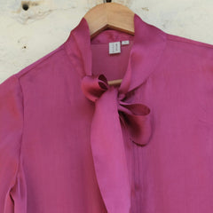 Fuschia pink satin organza tie neck blouse - Sohni