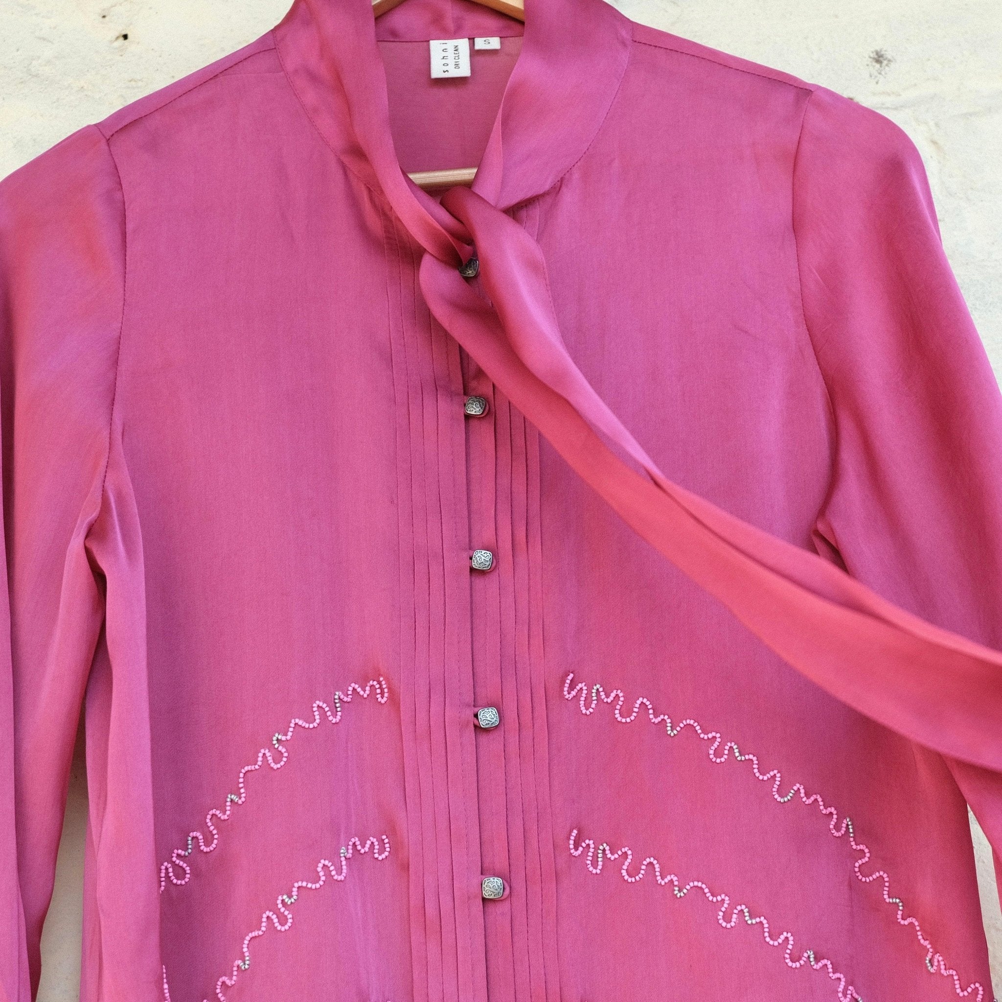 Fuschia pink satin organza tie neck blouse - Sohni